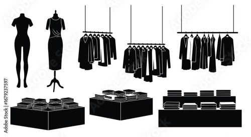 Fashionable apparel displayed on mannequins racks and tables for retail sales