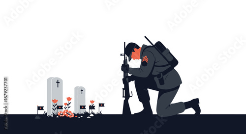 A lone soldier kneels at a cemetery paying respects to fallen comrades in arms