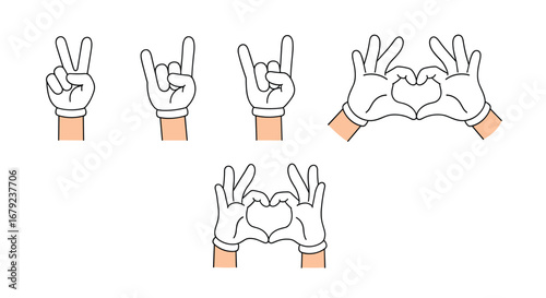 Diverse hand gestures communicating peace love rock and roll symbols of connection