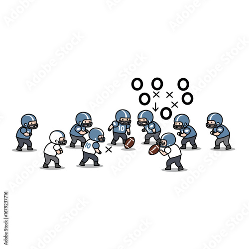 Cartoon illustration of a football game showing players in their positions, preparing to play.