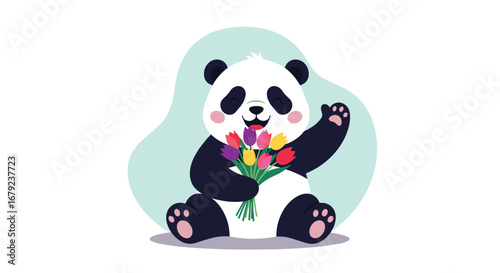 Adorable panda bear sitting and holding a bouquet of colorful tulips waving hello