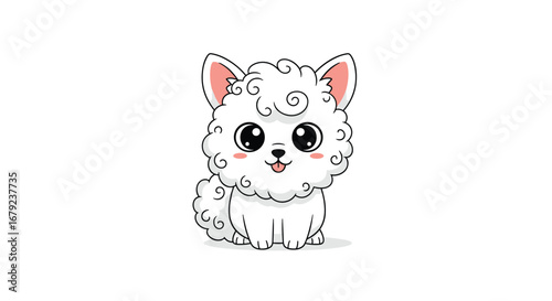 Cute fluffy white cartoon dog sitting with a happy expression on its face and big eyes