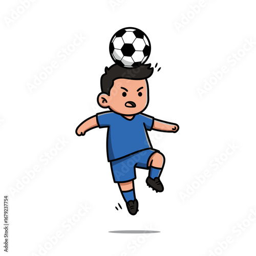Cartoon soccer player jumping to head a ball.