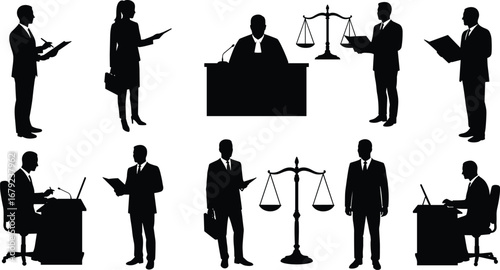 Silhouettes of lawyers, judge, legal professionals, courtroom scenes, justice scale, reading legal documents, working on laptop, legal system illustration