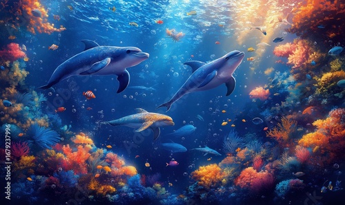 Colorful underwater scene with dolphins and coral reef.