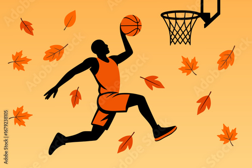 Vector illustration of a basketball player dunking with falling autumn leaves and a warm gradient background in a minimalistic style