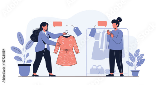 Two women shopping for dresses at a clothing store looking at fashion items together