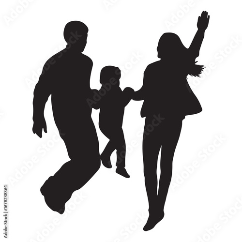 Silhouette Family Fun: Joyful Parents and Child Jumping Together silhouette