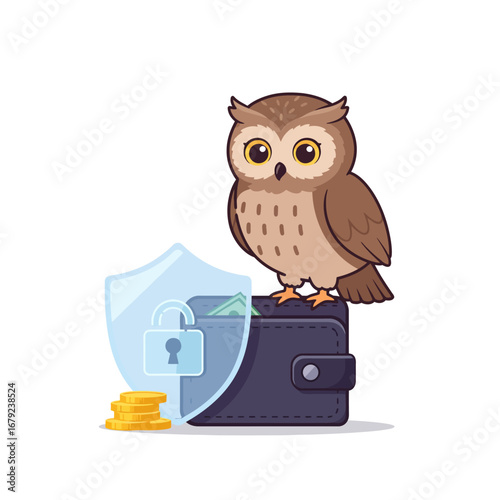 A wise owl perched protectively atop a wallet, symbolizing secure financial management and safe savings with a shield and coins.