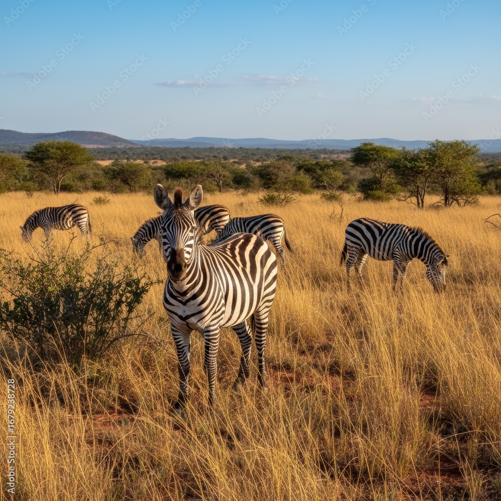 Fototapeta premium A zebra stares intently from a golden savanna other zebras grazing peacefully in the background