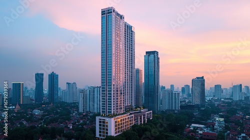A modern urban skyline featuring tall buildings against a colorful sunset, showcasing a mix of architectural styles in a bustling city.