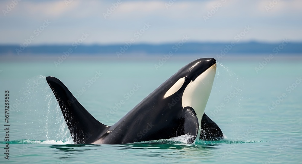 Fototapeta premium Orca leaping out of water, showcasing powerful movement in the ocean.