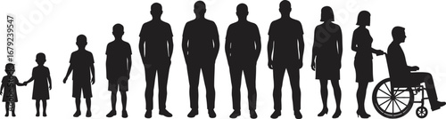Human life stages silhouette, childhood to elderly vector, people growth illustration, wheelchair aging process, family life journey, generational shadow clipart design
