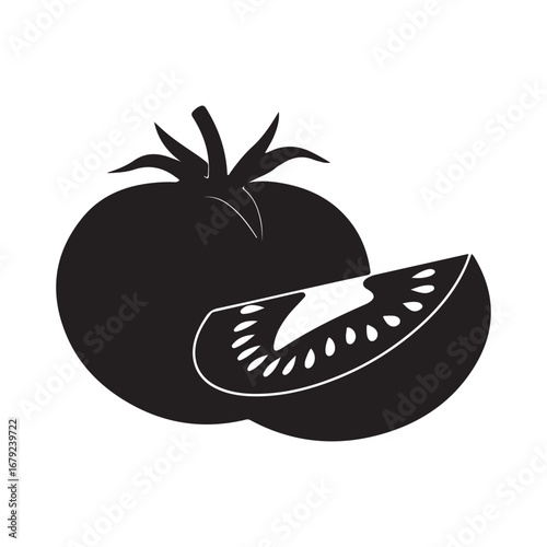 Tomato Vector Illustration: Black and White Silhouette of Whole and Sliced Tomato silhouette