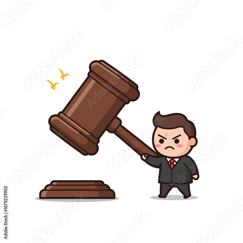 Angry cartoon judge about to strike gavel, courtroom illustration.