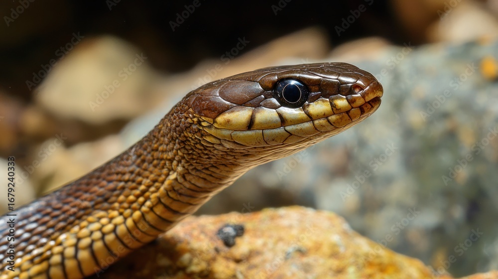 Obraz premium A brown snake with a yellow stripe on its head, resting on a rocky surface with a blurred background.