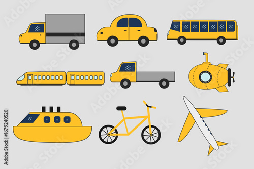 Transportation Clipart Set with Cars, Buses, Trucks, Trains and Airplanes