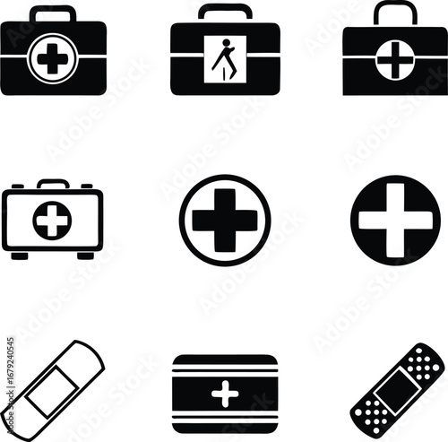 first, aid, icon, set, medical, emergency, supply, simple, solid, outline, design, collection, icon, science, vector