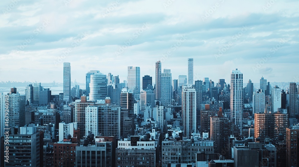 Fototapeta premium A panoramic view of a modern city skyline under cloudy skies, showcasing a mix of high-rise buildings and urban architecture.