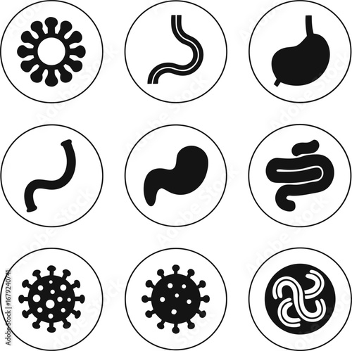 gastroenterology, icon, science, digestive, system, gut, health, virology, virus, medical, simple, solid, outline, icon, set, vector