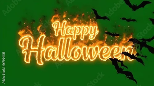 4k video green screen halloween fiery happy text with flying bats