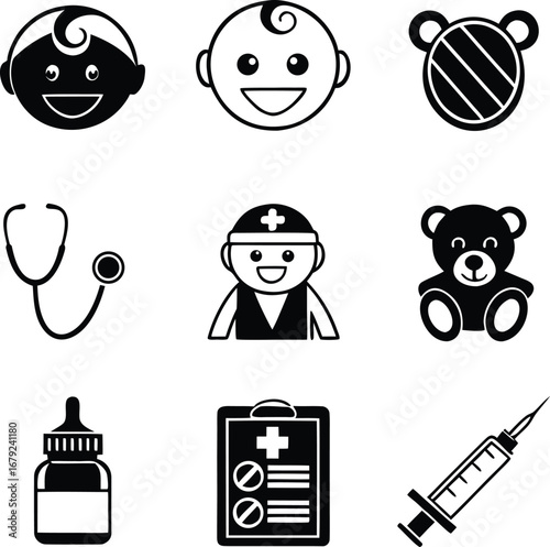 pediatrics, icon, set, child, healthcare, infant, care, vaccination, medical, checkup, simple, solid, black, design, icon, vector