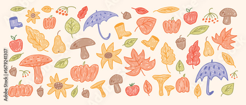 Set of autumn cartoon elements. Mushrooms, leaves, pumpkins and rubber boots. Colorful seasonal collection. Vector flat doodle style illustration for fall cards, banners, kids design