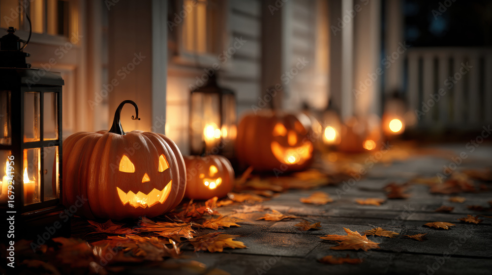 Fototapeta premium Glowing Halloween Pumpkin Lanterns on Porch