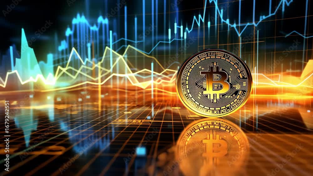 Gold token cryptocurrency with chart background. Digital coin analysis, financial growth of blockchain, and global crypto market trends footage.