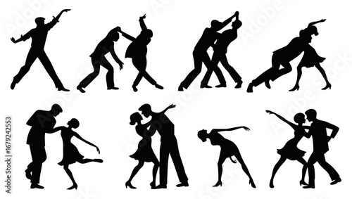 Collection of diverse silhouettes showcasing various dance styles and partner formations capturing the elegance and dynamism of movement in black and white
