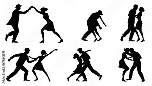 Collection of diverse silhouettes of couples dancing in various styles and poses against a clean white background