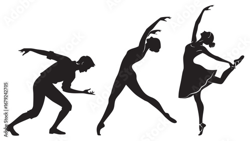 Three silhouettes of dancers in dynamic poses one male dancer in a dramatic pose and two female ballet dancers in graceful positions isolated on a white background