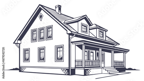Detailed architectural illustration of a classic american style house with a prominent front porch and dormer windows rendered in a clean graphic linework style