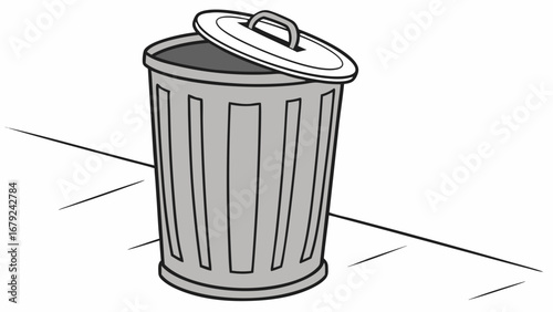 A simple illustration of a grey metal trash can with a slightly open lid standing on a white background with simple line art indicating a floor
