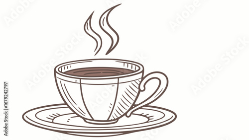 A charming hand drawn sketch of a steaming cup of coffee on a saucer perfect for cafe menus breakfast promotions or cozy beverage advertising