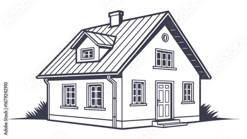 A charming detached residential house with a pitched roof dormer window chimney and multiple windows depicted in a clean graphic line art style against a white background
