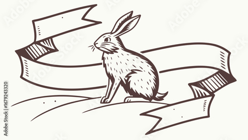 A vintage style line drawing of a rabbit sitting on rolling hills with a decorative banner behind it perfect for easter or spring themes