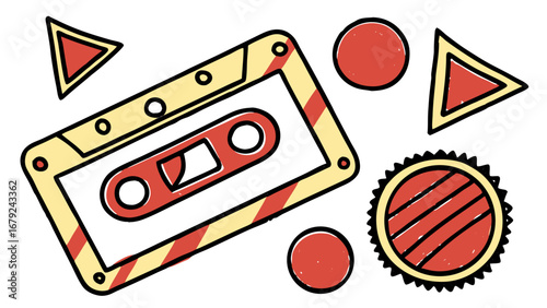 Retro cassette tape with geometric shapes and circular elements in a playful doodle style evoking nostalgia and vintage music vibes