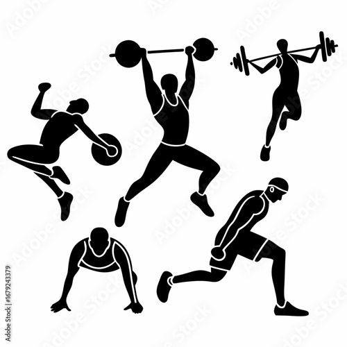 Collection of stylized black silhouettes of athletes performing various strength and athletic exercises on a white background