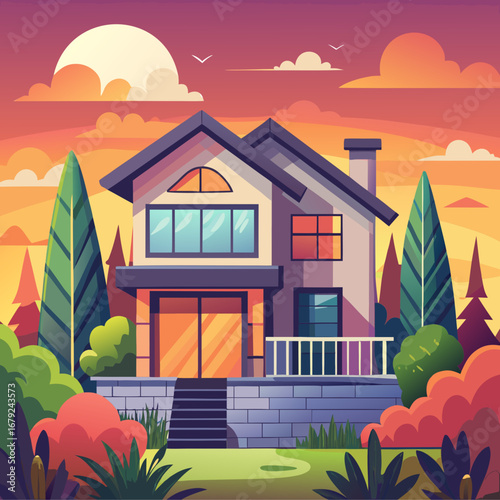 Contemporary cartoon style house with lush garden and evening sky vector illustration