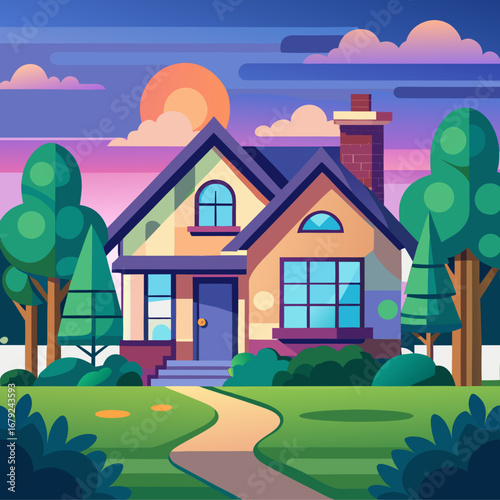 Charming vector flat cartoon house with lush green front yard and sunset sky illustration