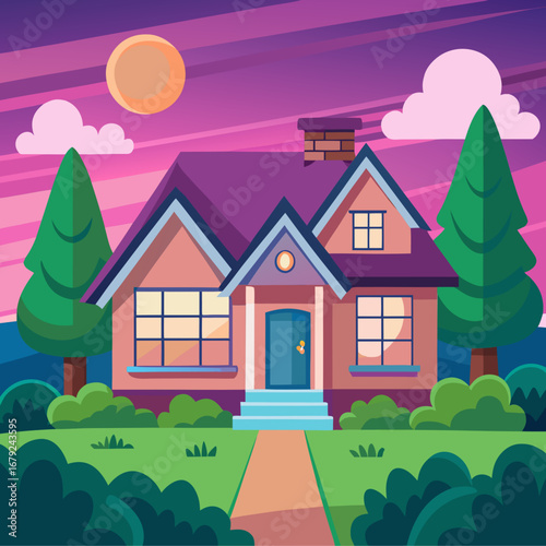 Vector cartoon house with green front yard and dusk sky illustration