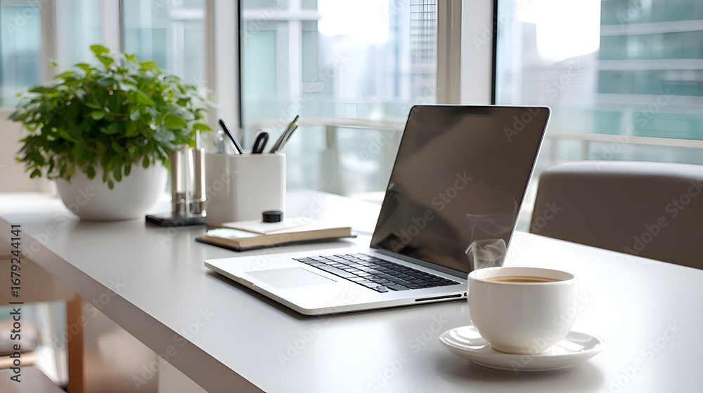Obraz premium Laptop and hot coffee resting on modern white desk in home office