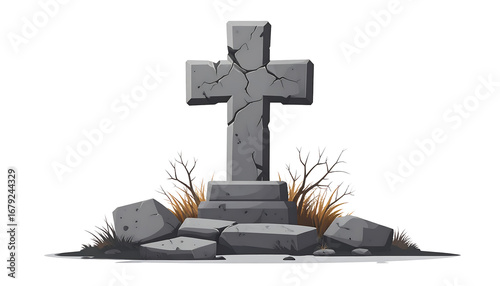 Isolated Weathered Old Stone Carved Grave Marker or Tombstone Illustration