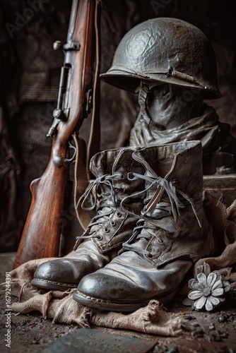 fallen soldier boots rifle helmet memorial composition