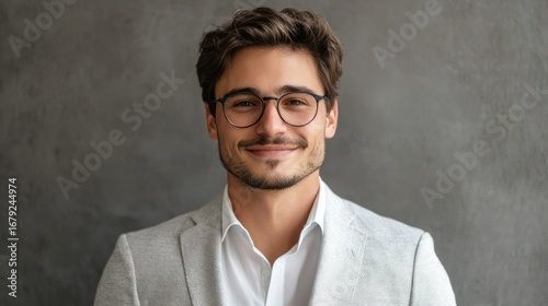 A man with glasses and a beard, wearing a white shirt and a gray suit jacket, standing against a gray background with a neutral expression.