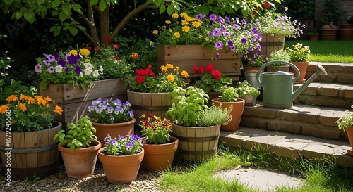 Fototapeta Naklejka Na Ścianę i Meble -  A vibrant container garden with a colorful assortment of blooming flowers in terracotta pots and wooden planters on a sunny patio
