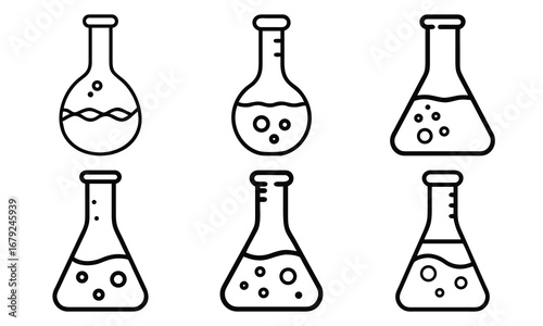 Collection of Laboratory Flask Icons – Black and White Line Art of Science Beakers, Chemistry Test Tubes, and Experimental Glassware Symbols for Education, Research, and Scientific Design