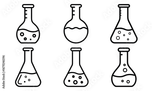 Collection of Laboratory Flask Icons – Black and White Line Art of Science Beakers, Chemistry Test Tubes, and Experimental Glassware Symbols for Education, Research, and Scientific Design