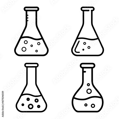 Collection of Laboratory Flask Icons – Black and White Line Art of Science Beakers, Chemistry Test Tubes, and Experimental Glassware Symbols for Education, Research, and Scientific Design